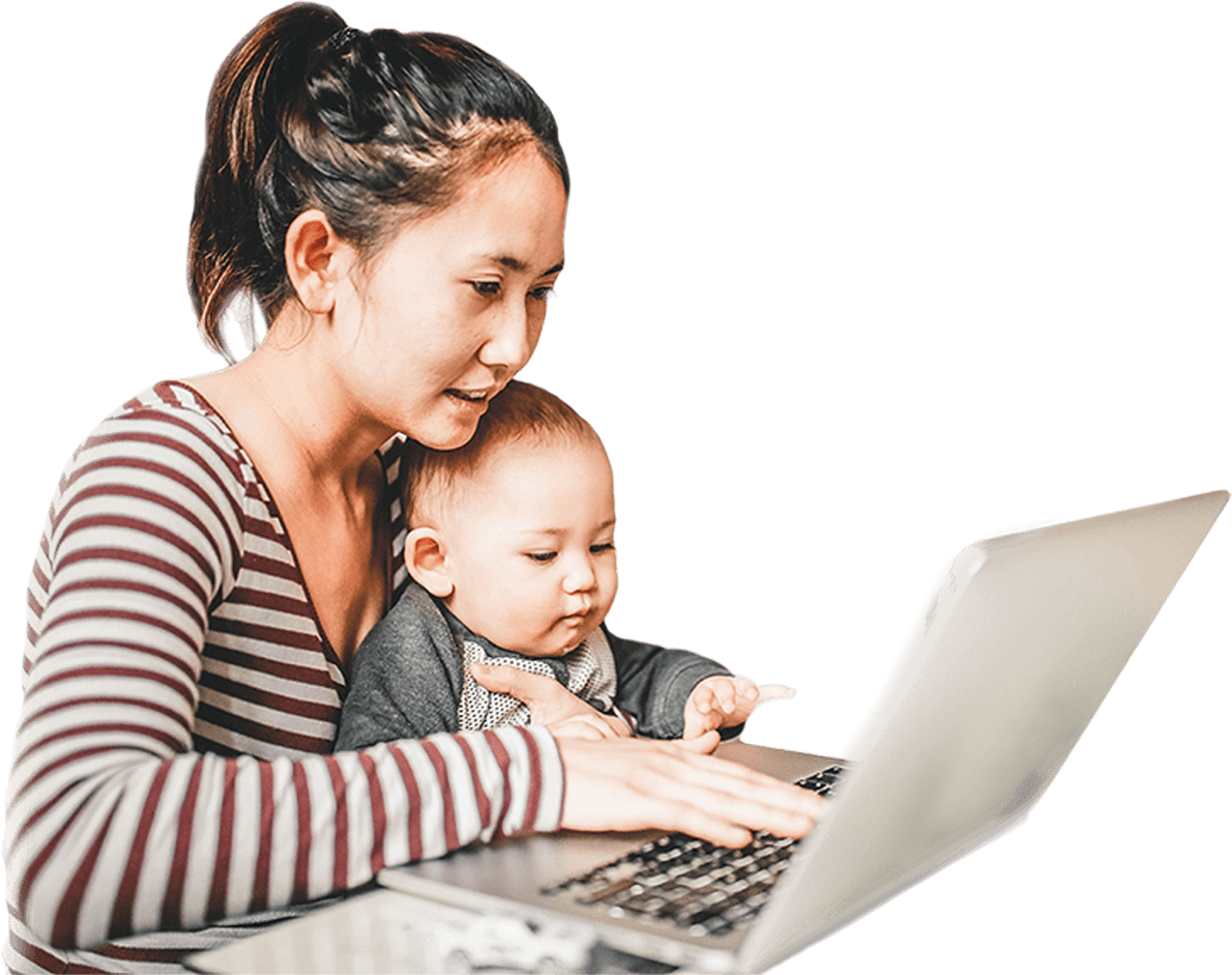 Woman who typifies a caregiver with a child who typifies a person with LC-FAOD watching a live event